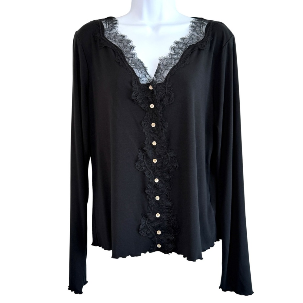 J.Crew Womens‎ Lace Trim Top Size XL Black Button Front Y2K Soft Girl Romantic